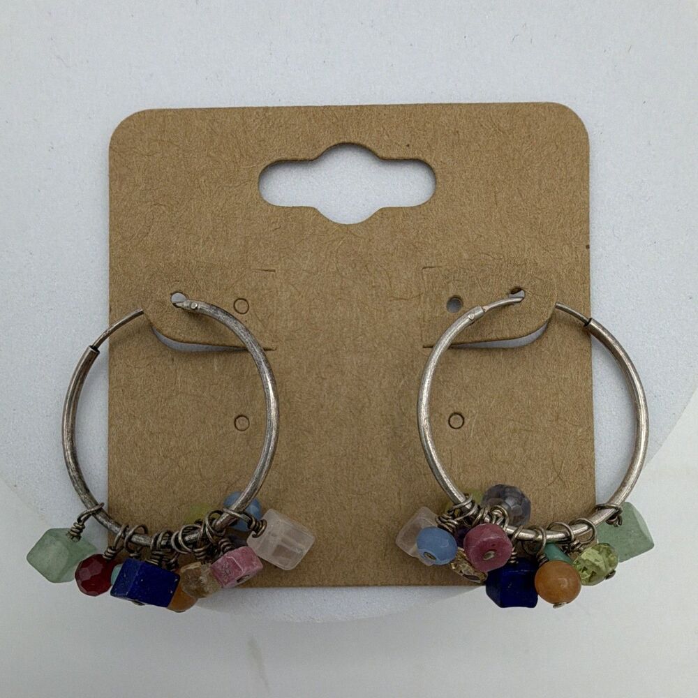 Silver Tone Round Hoop Earrings Multicolor Bead Dangle Hinged Closure
